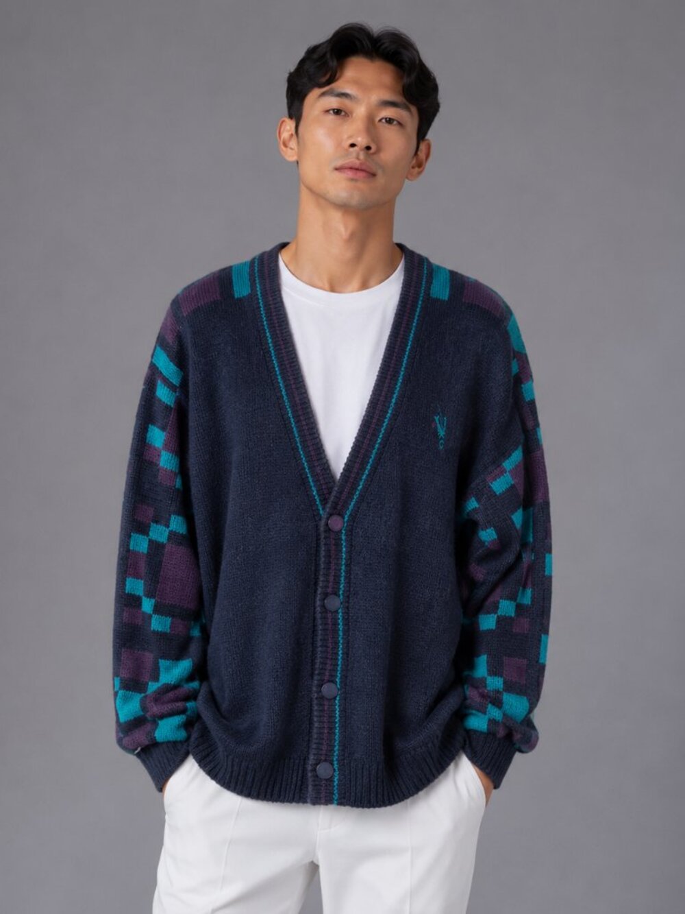 Koman Cardigan Sweater M/ L Grey Teal Geometric Vintage 80s vapor wave Excellent